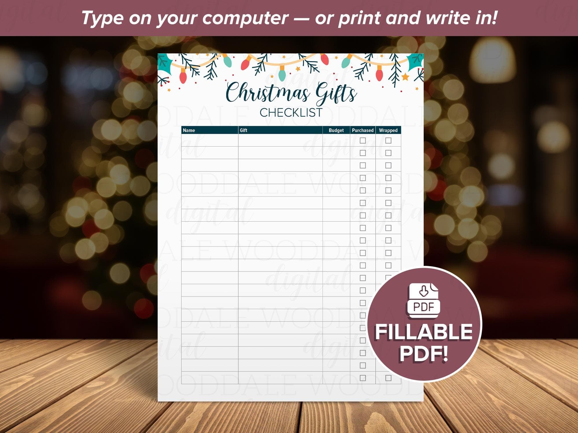 Christmas Gift Checklist PDF – Fillable or Printable Template – Hand Drawn Lights