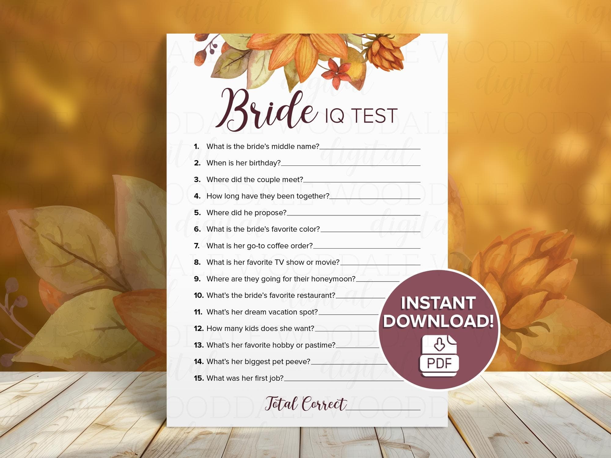 Bridal Shower Game Printable – Bride IQ Test, Autumn Design (PDF Download)