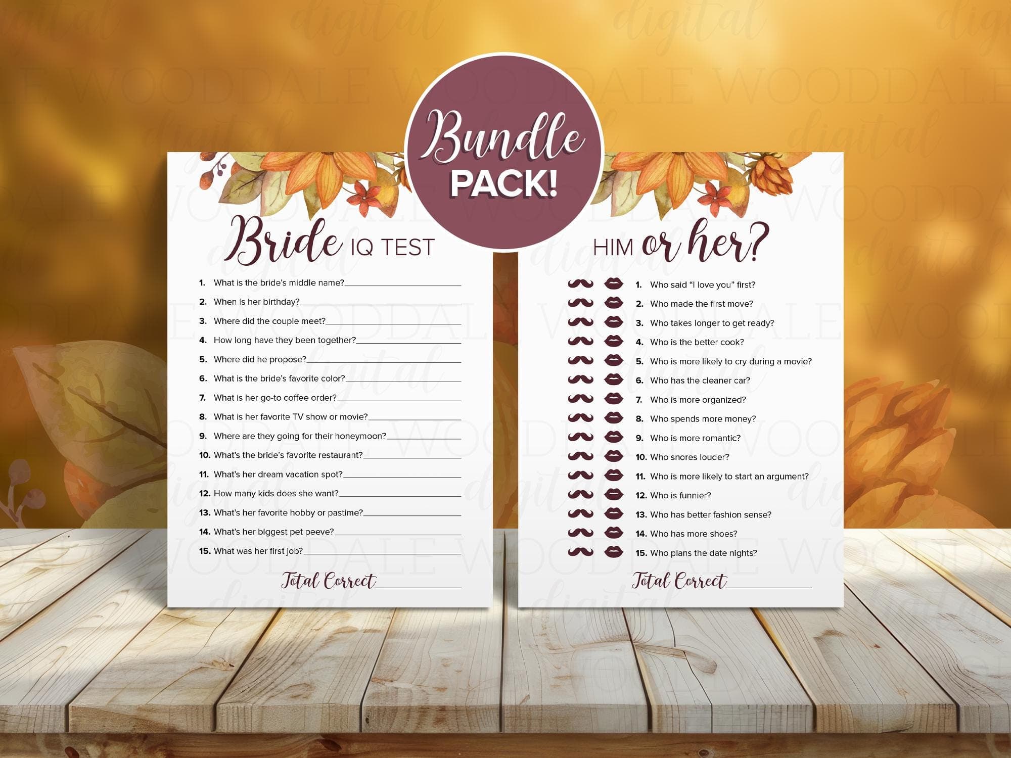 Bridal Shower Games Printable – Bride IQ & Him or Her, Autumn Design (PDF Download)