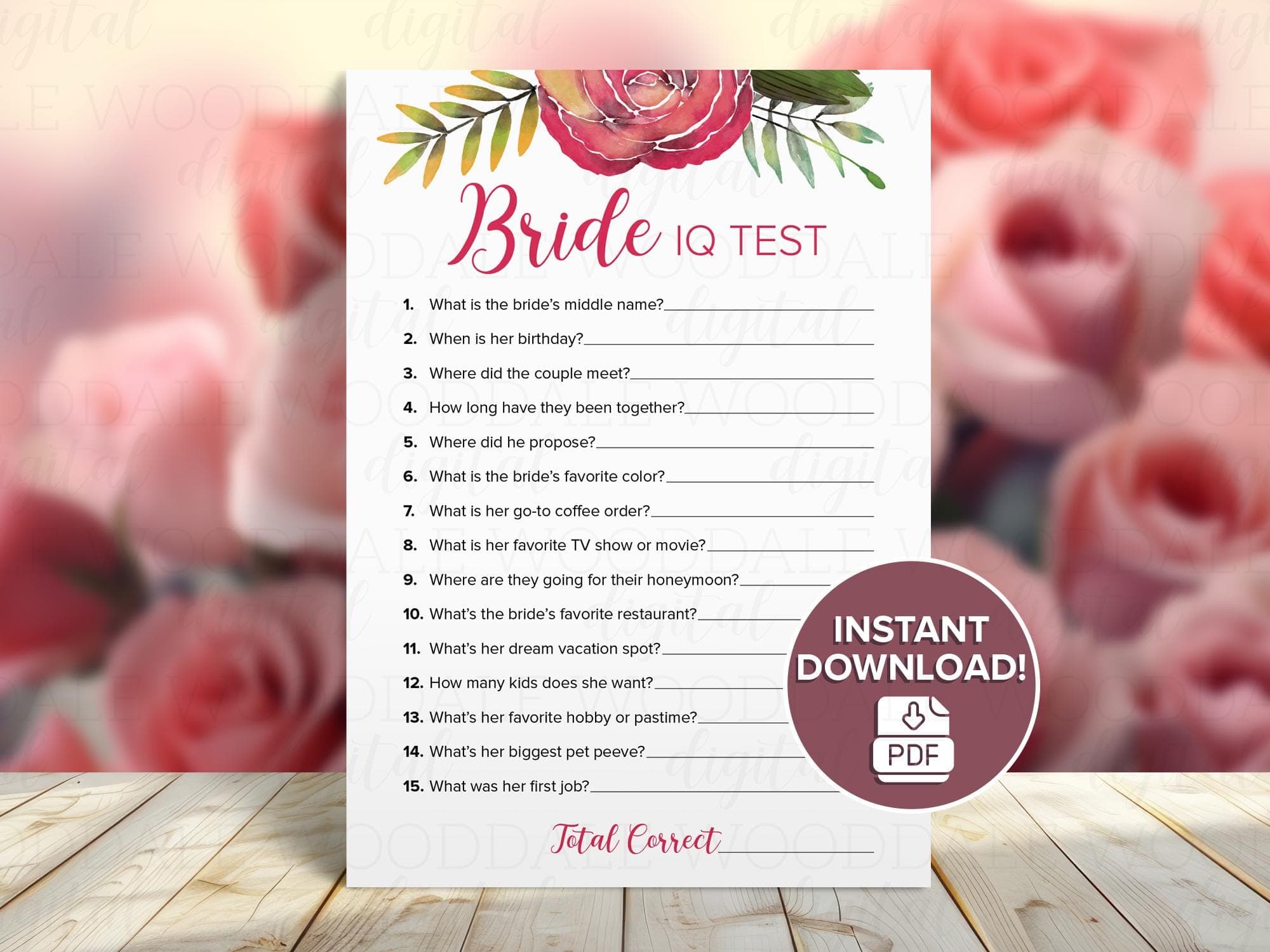Bridal Shower Game Printable – Bride IQ Test, Watercolor Rose Design (PDF Download)