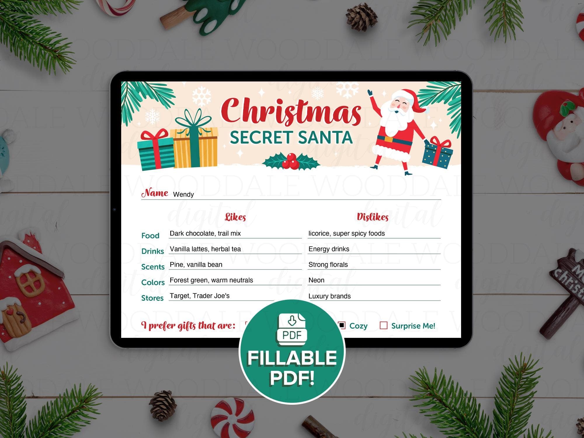 Vintage Santa Secret Santa Worksheet – Fillable PDF – 8.5x11 Christmas Gift Exchange image 2