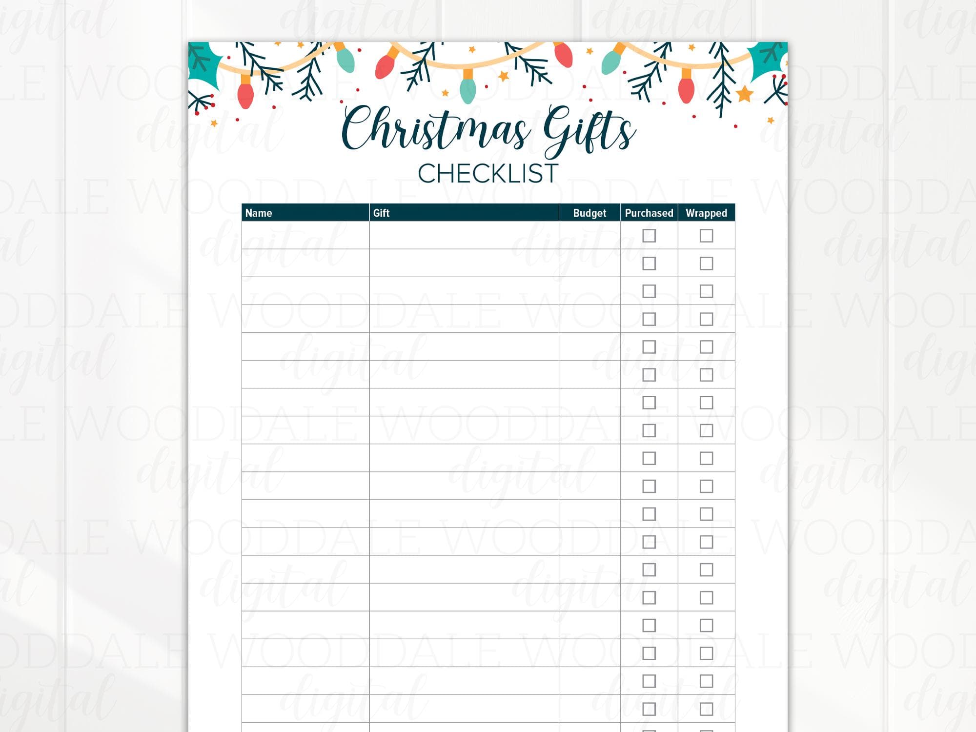 Christmas Gift Checklist PDF – Fillable or Printable Template – Hand Drawn Lights image 2
