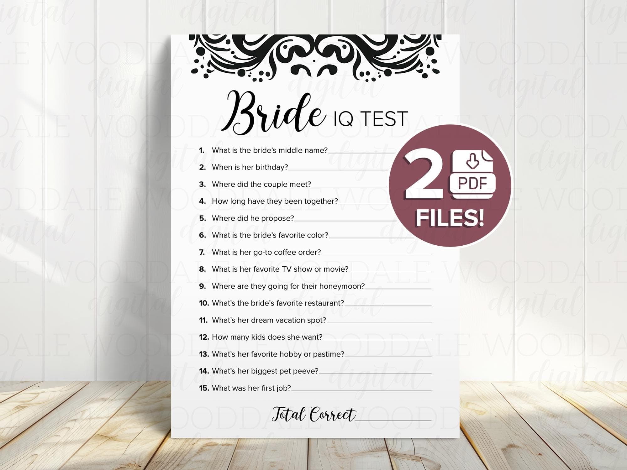 Bridal Shower Game Printable – Bride IQ Test, Damask Design (PDF Download) image 2