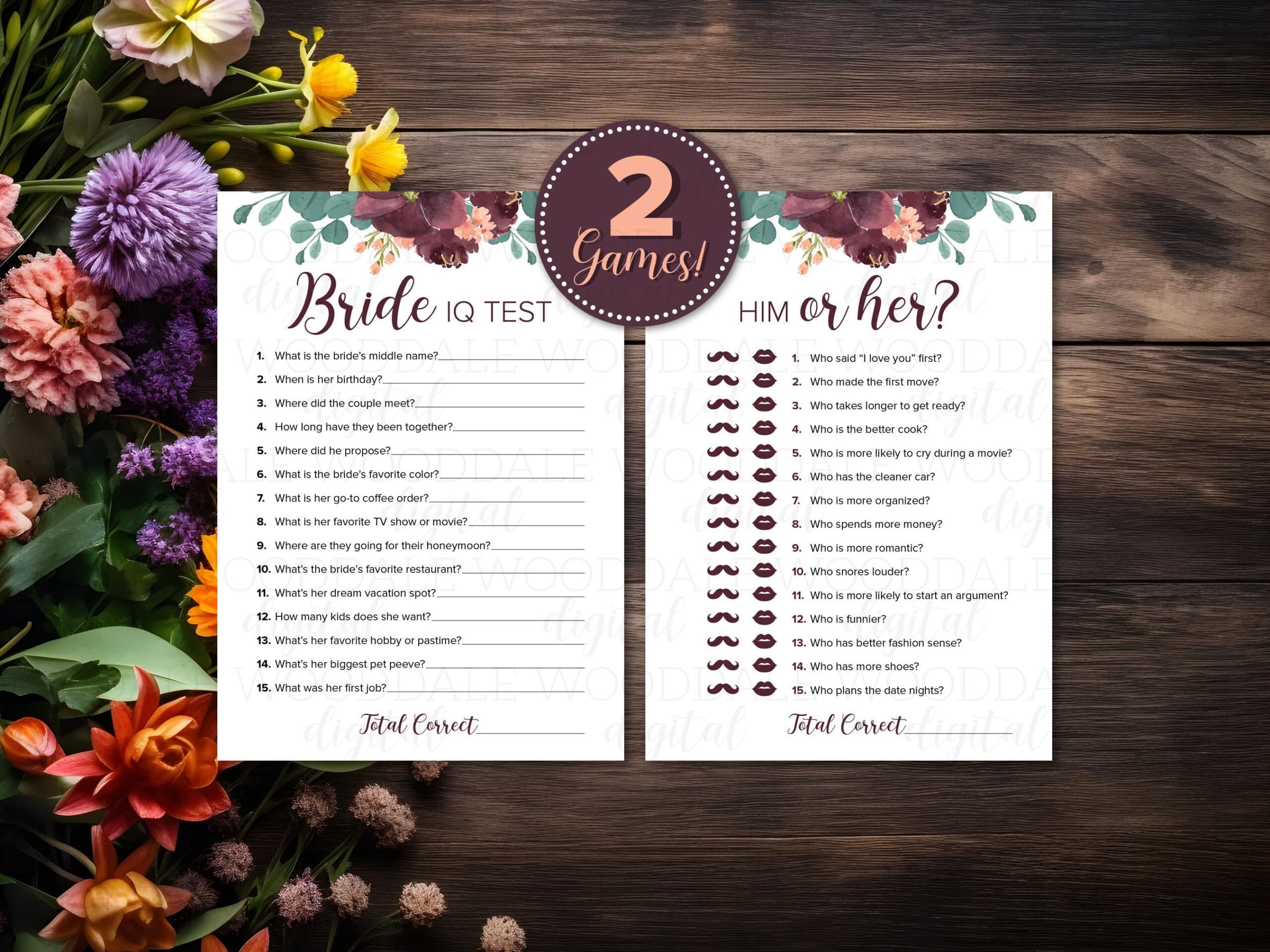 Bridal Shower Games Printable – Bride IQ & Him or Her, Vintage Bouquet (PDF Download) image 2