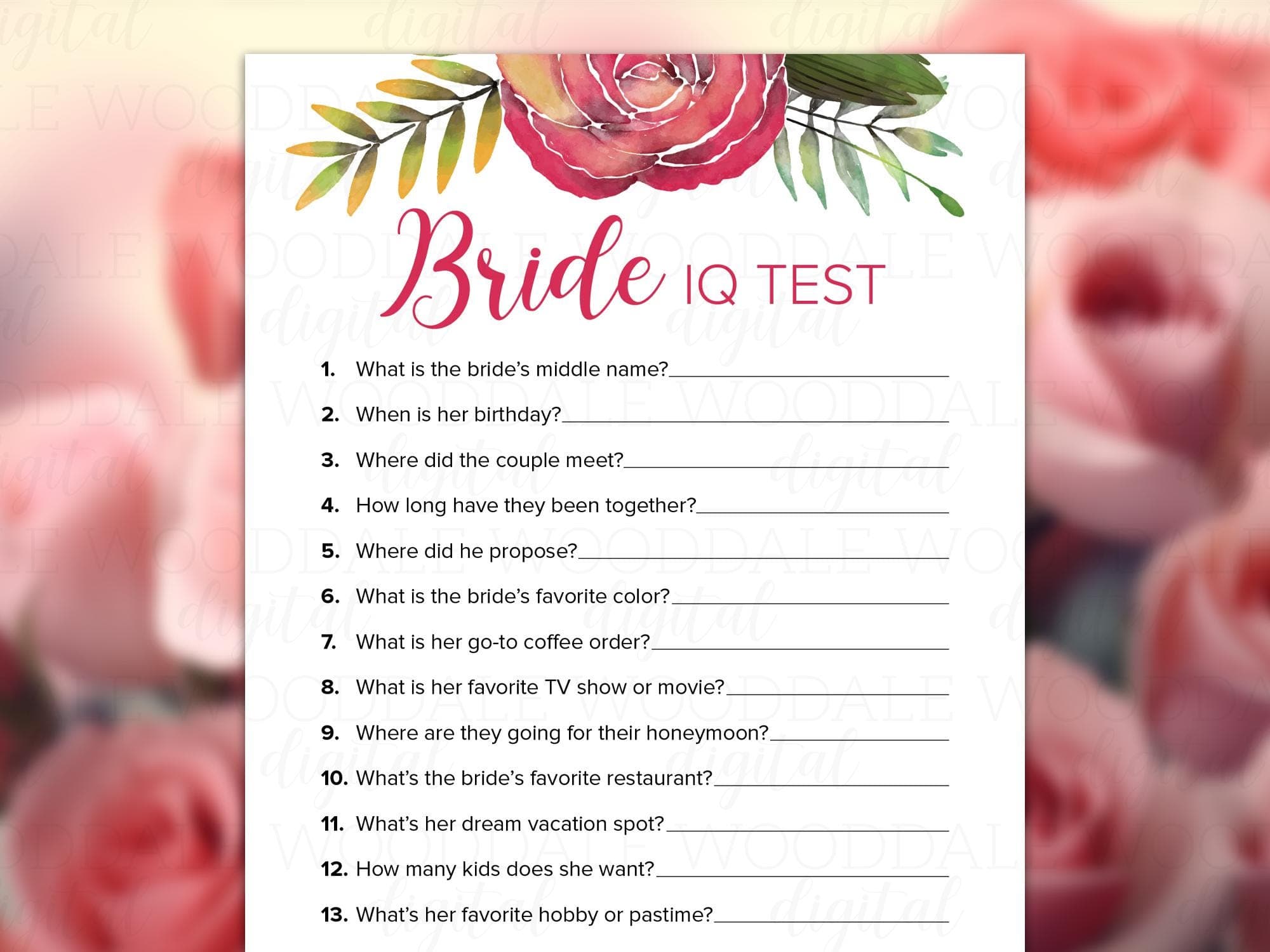 Bridal Shower Game Printable – Bride IQ Test, Watercolor Rose Design (PDF Download) image 2
