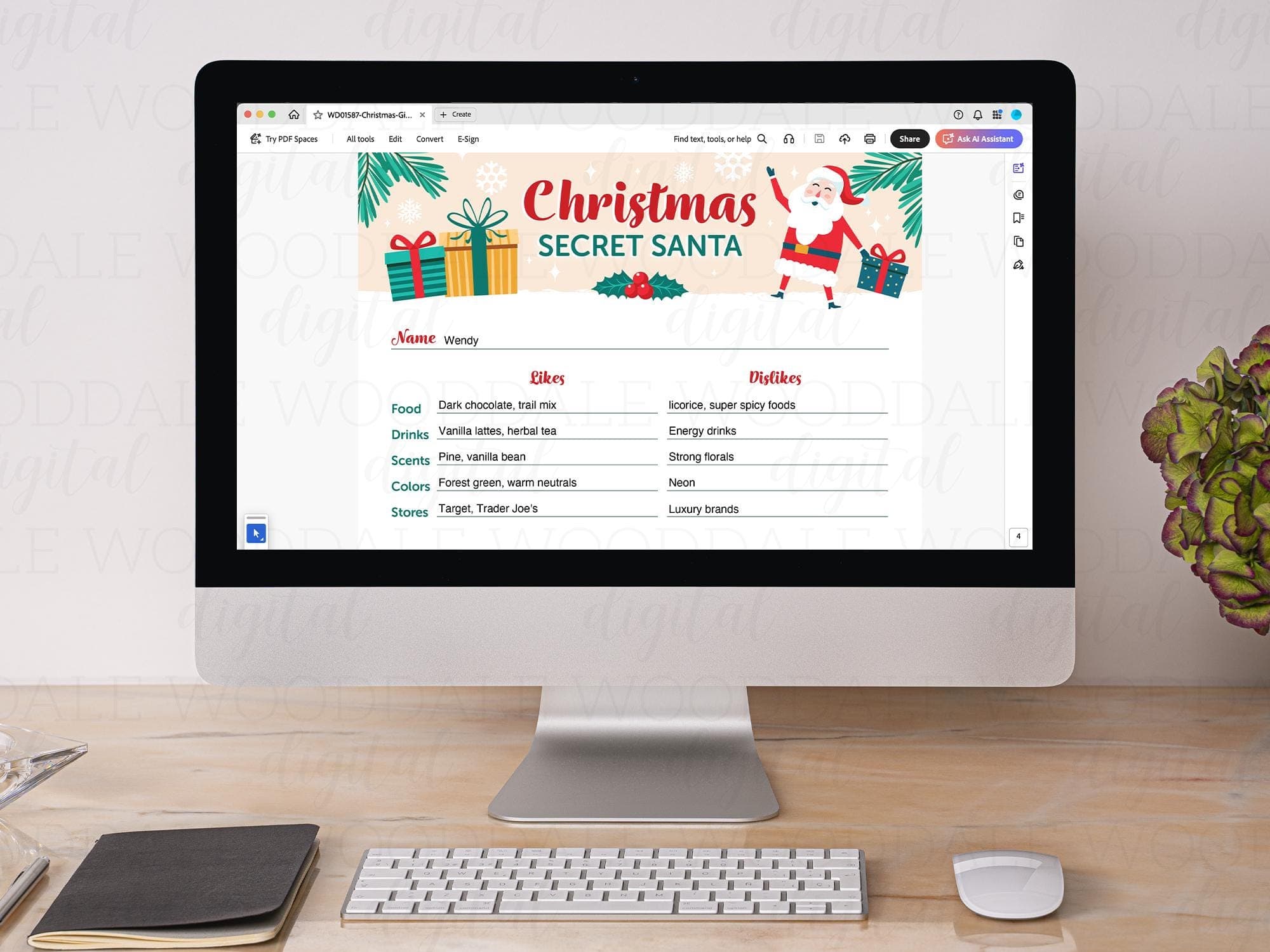 Vintage Santa Secret Santa Worksheet – Fillable PDF – 8.5x11 Christmas Gift Exchange image 3