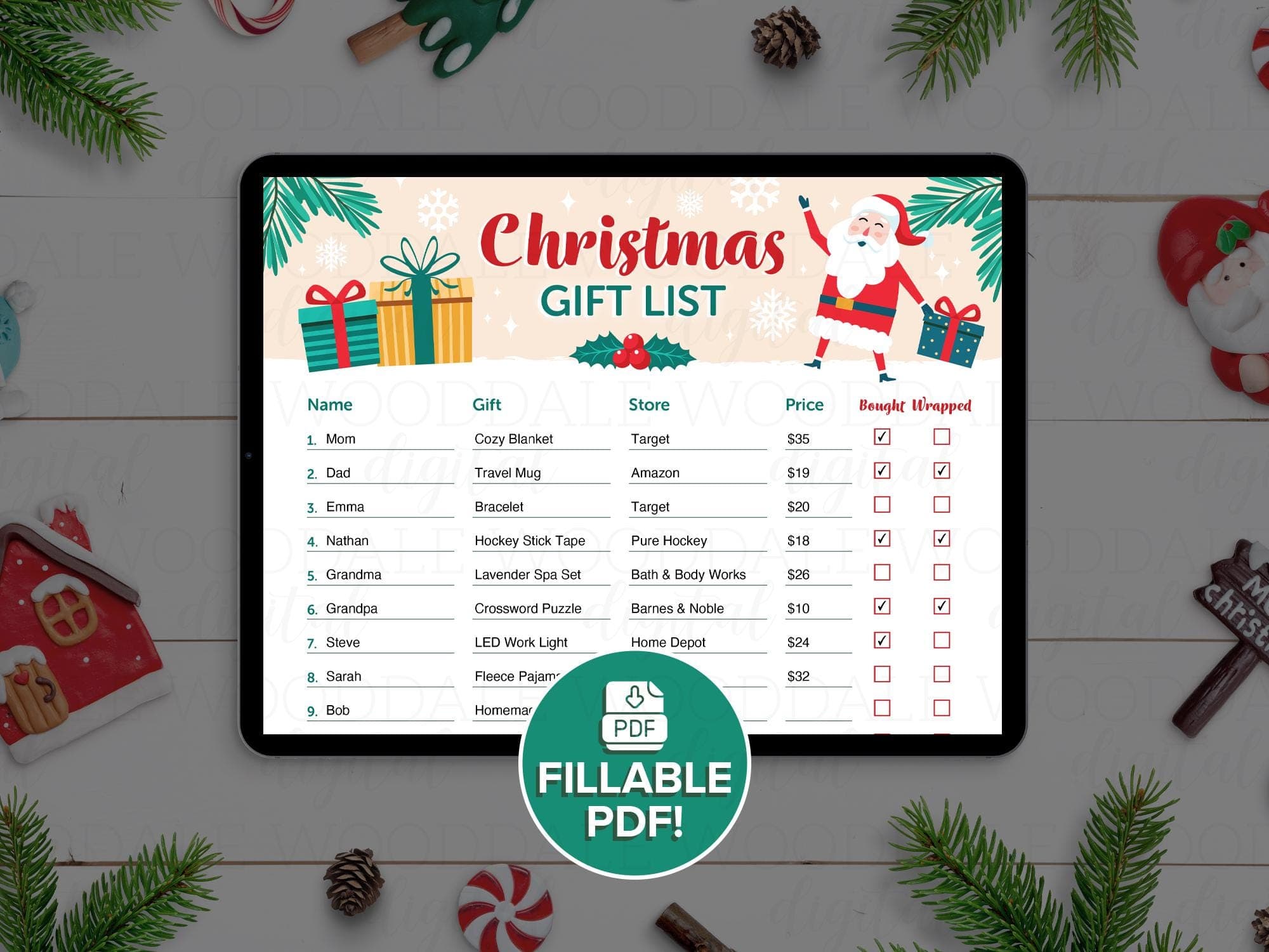 Christmas Gift Checklist PDF – Fillable or Printable Template – Vintage Santa Style image 3