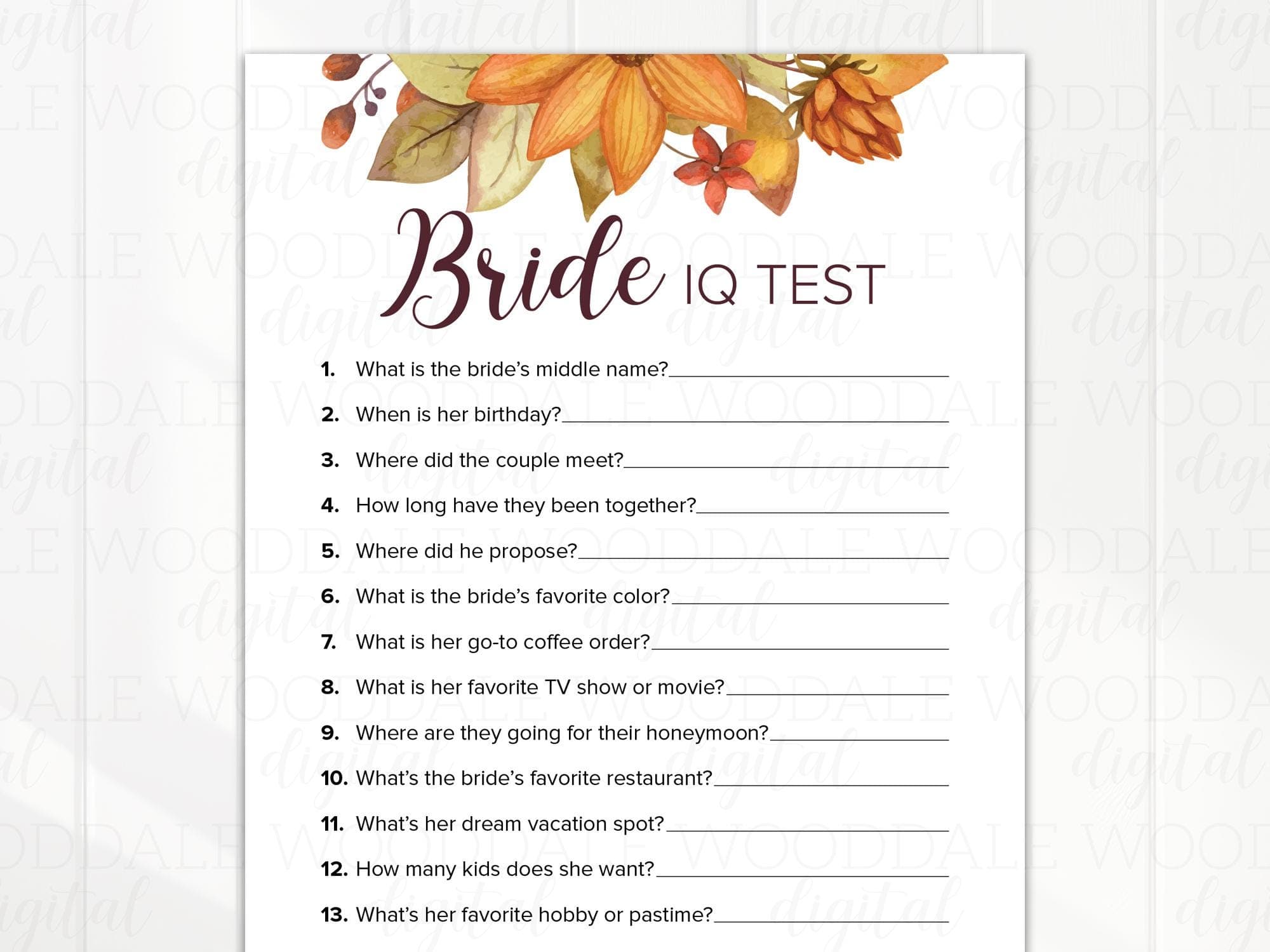 Bridal Shower Game Printable – Bride IQ Test, Autumn Design (PDF Download) image 3
