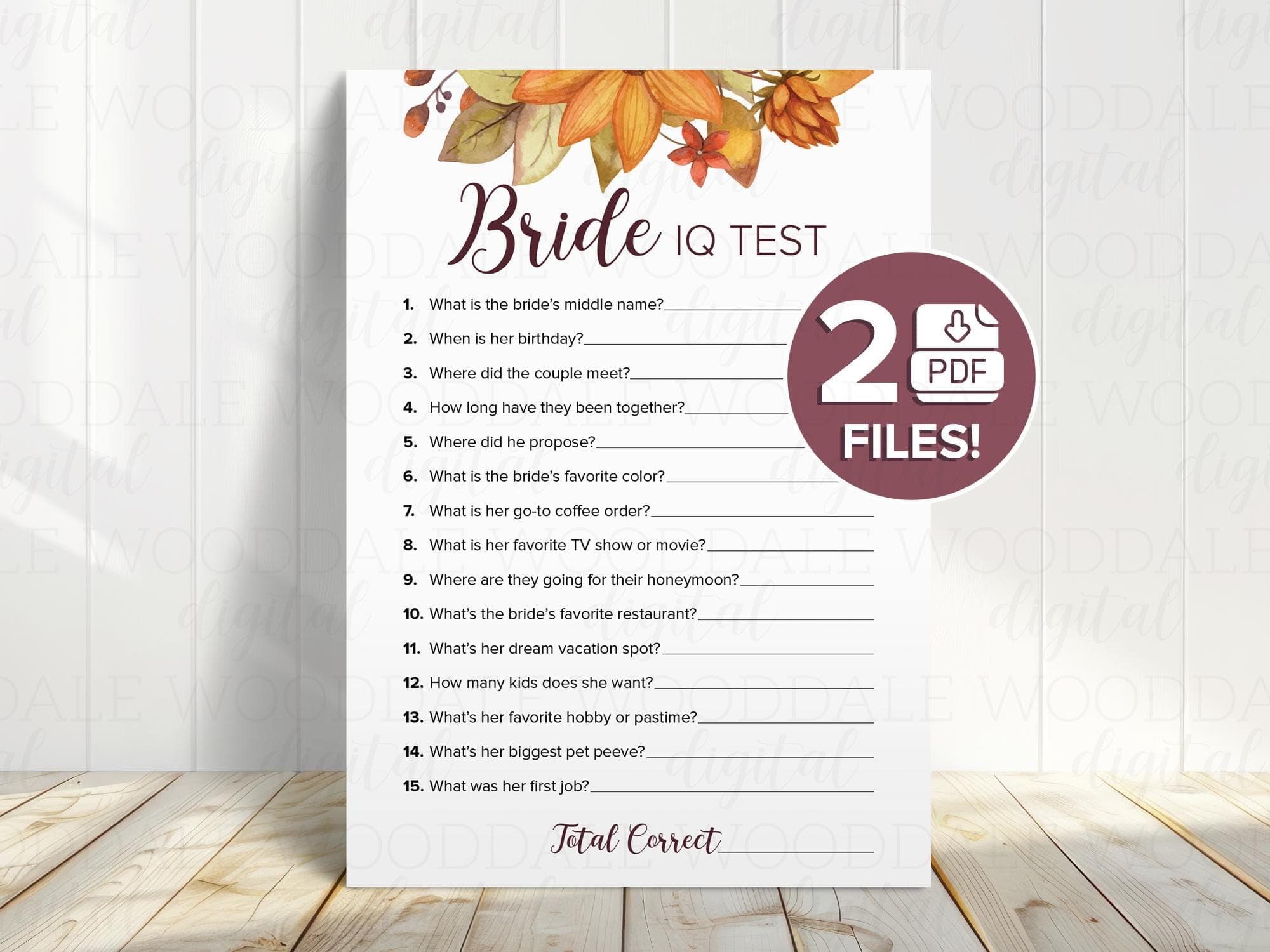 Bridal Shower Games Printable – Bride IQ & Him or Her, Autumn Design (PDF Download) image 3