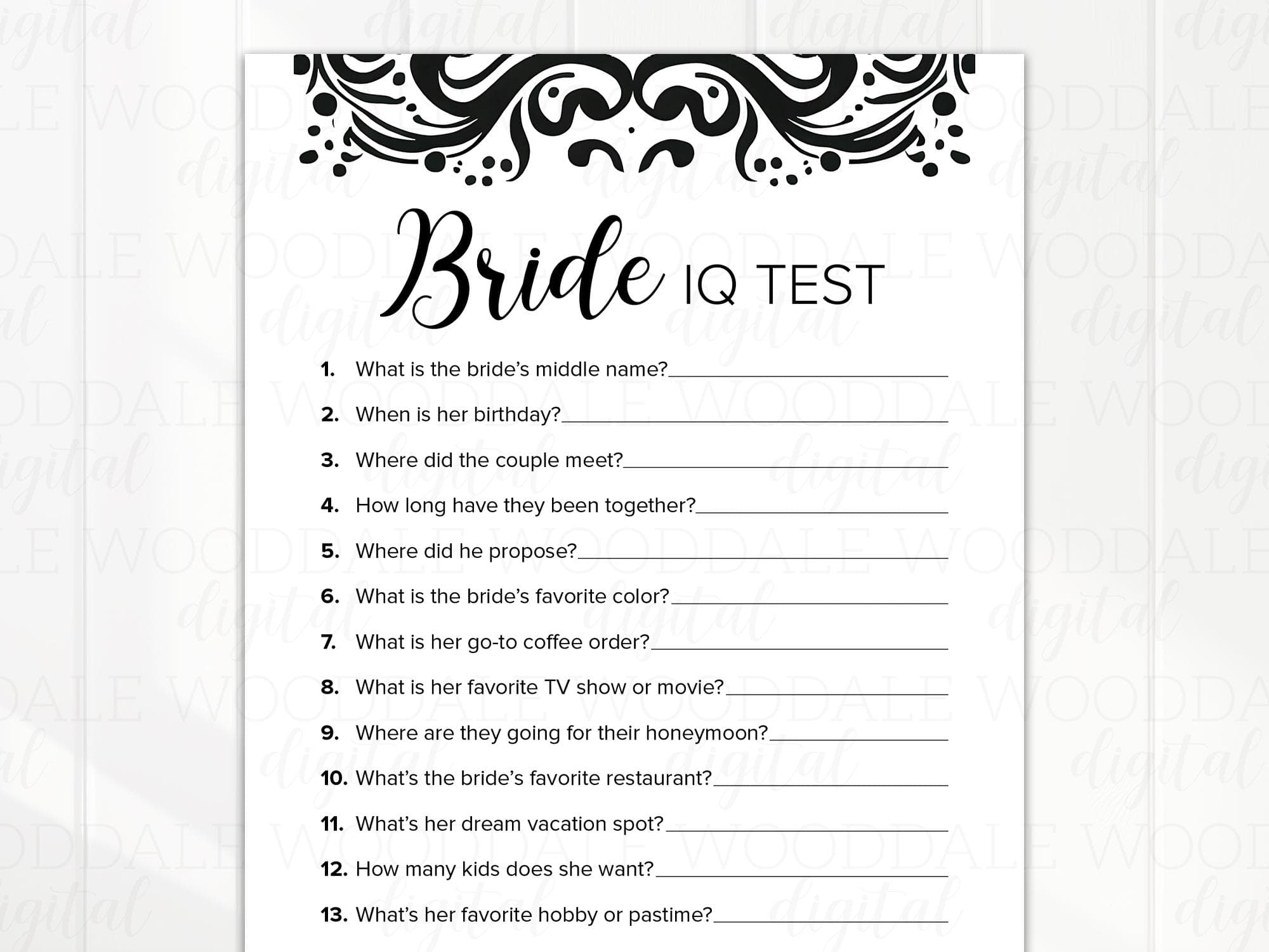 Bridal Shower Game Printable – Bride IQ Test, Damask Design (PDF Download) image 3