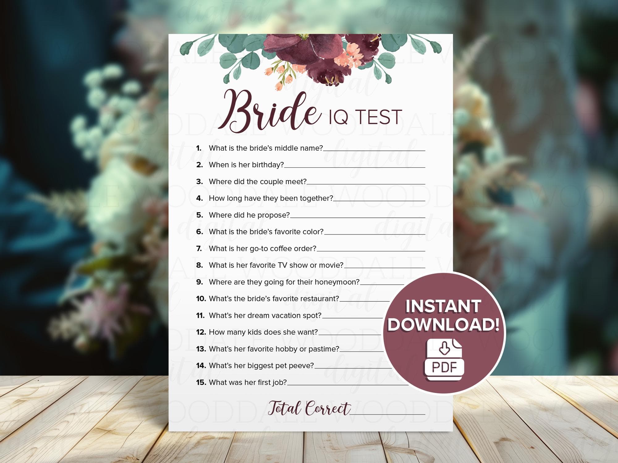 Bridal Shower Games Printable – Bride IQ & Him or Her, Vintage Bouquet (PDF Download) image 3