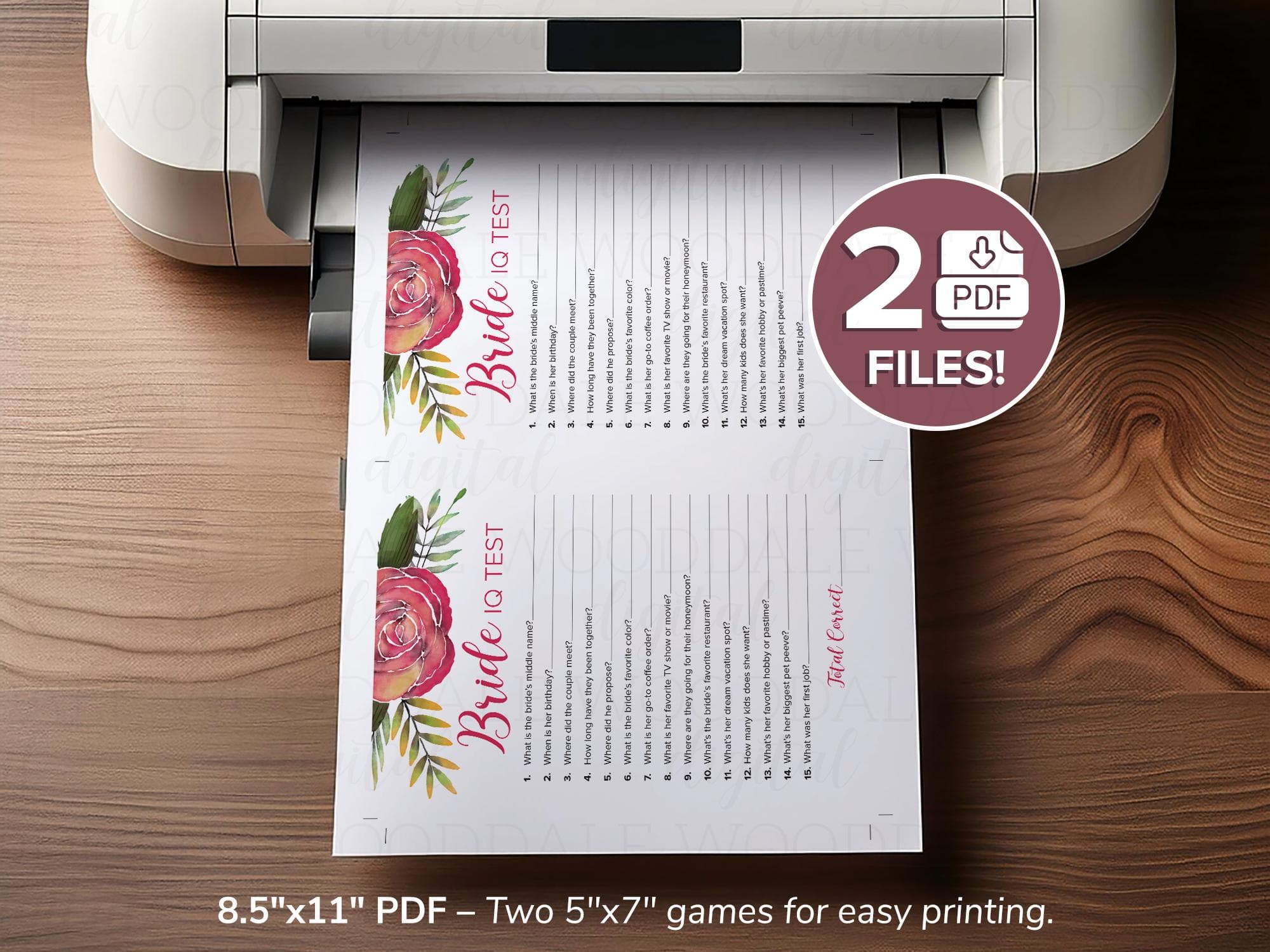 Bridal Shower Game Printable – Bride IQ Test, Watercolor Rose Design (PDF Download) image 3