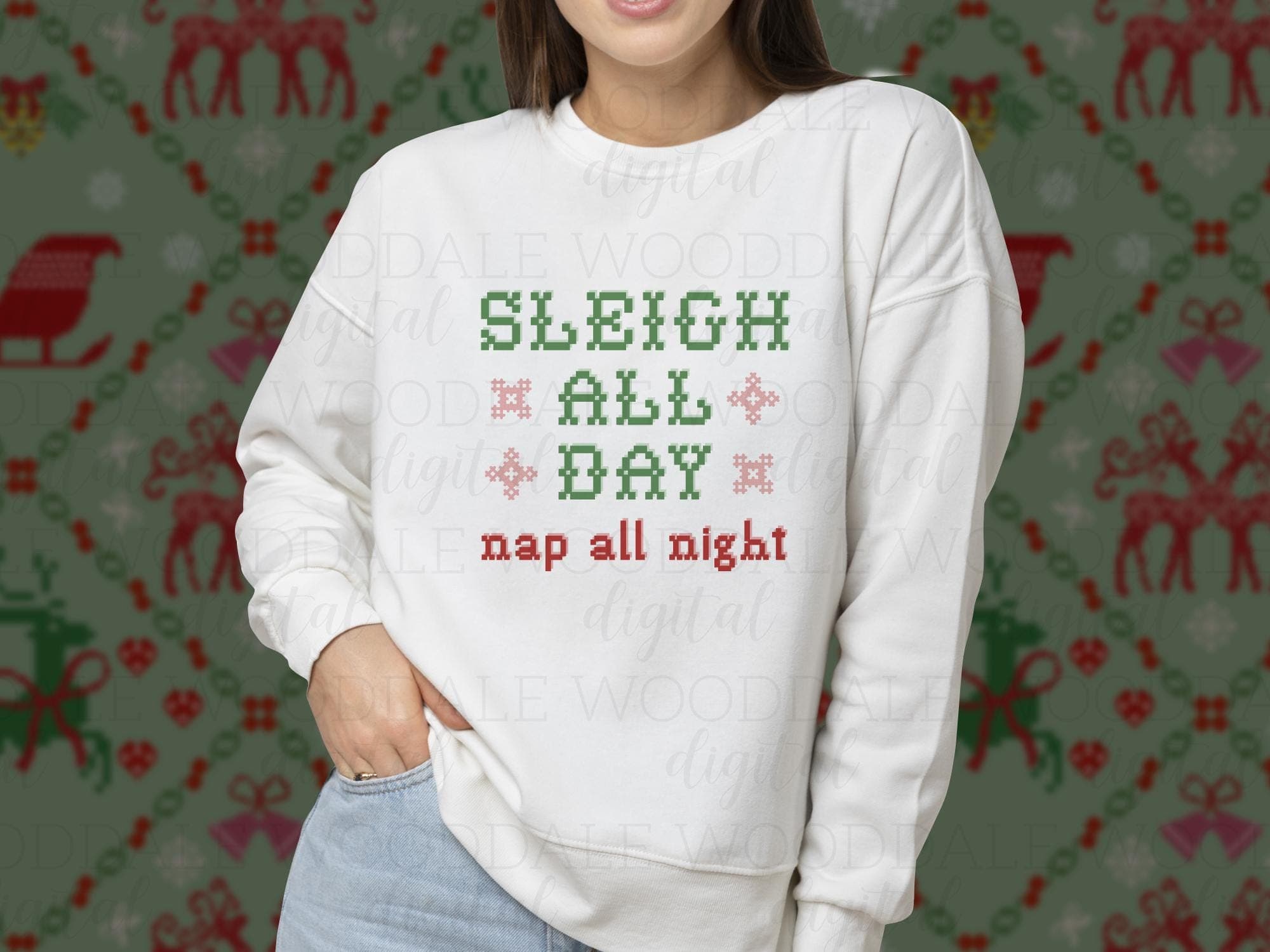 Sleigh All Day Nap All Night SVG – Retro Cross Stitch Christmas Saying – Vintage Holiday Design image 4