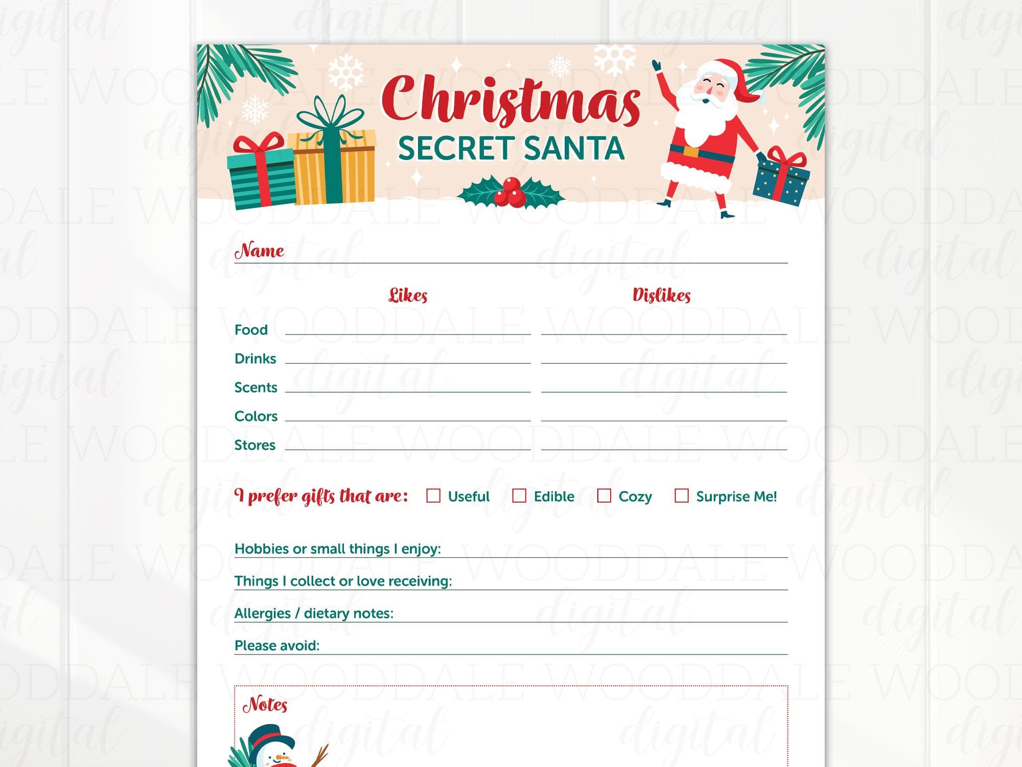 Vintage Santa Secret Santa Worksheet – Fillable PDF – 8.5x11 Christmas Gift Exchange image 4