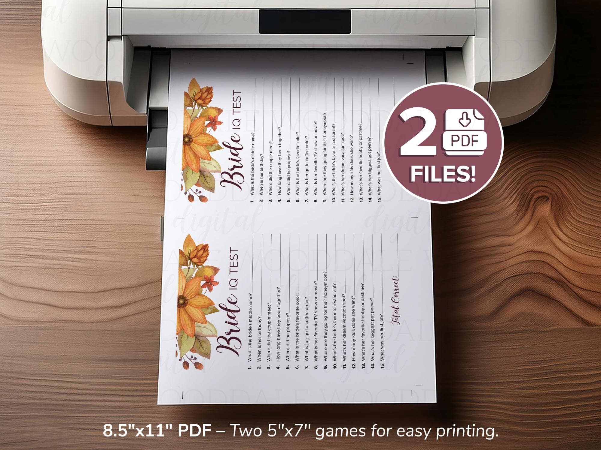 Bridal Shower Game Printable – Bride IQ Test, Autumn Design (PDF Download) image 4