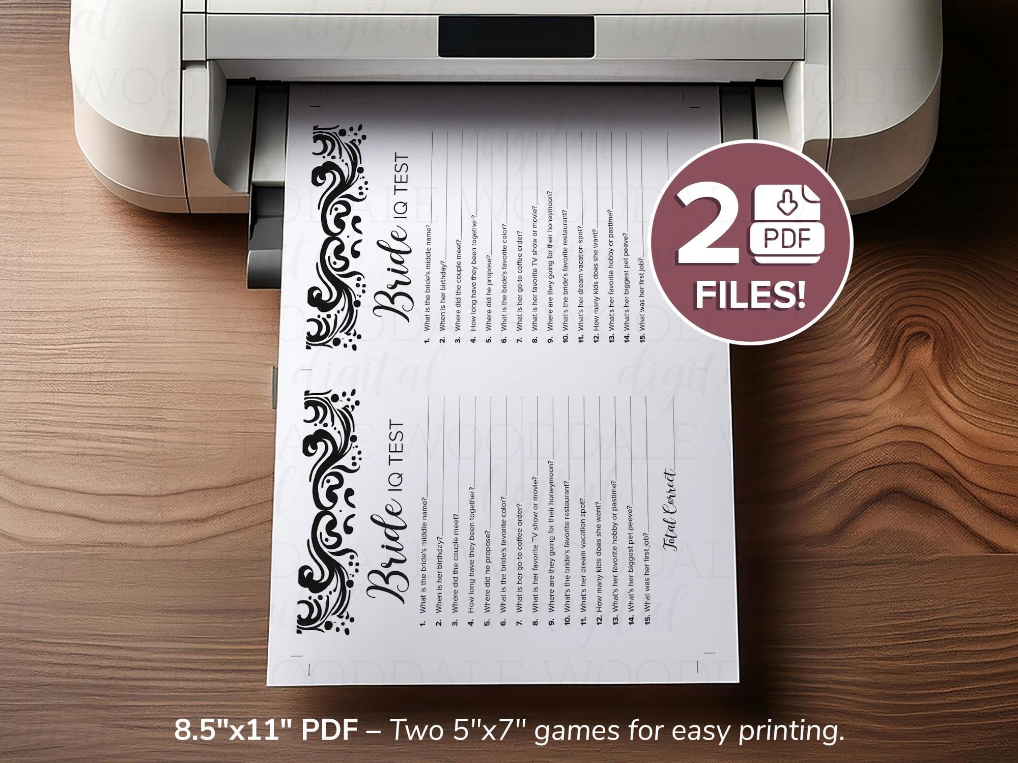 Bridal Shower Game Printable – Bride IQ Test, Damask Design (PDF Download) image 4