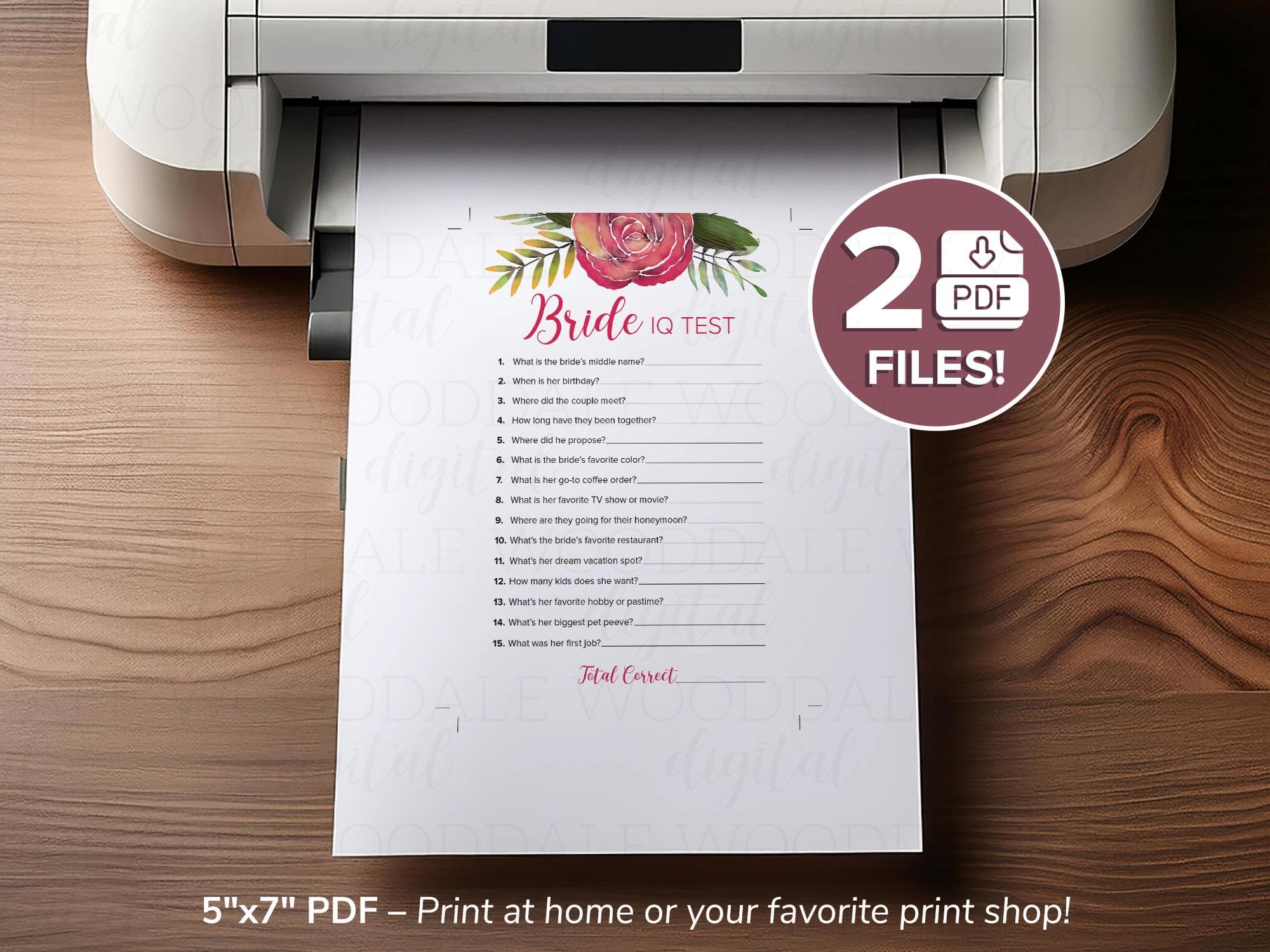 Bridal Shower Game Printable – Bride IQ Test, Watercolor Rose Design (PDF Download) image 4