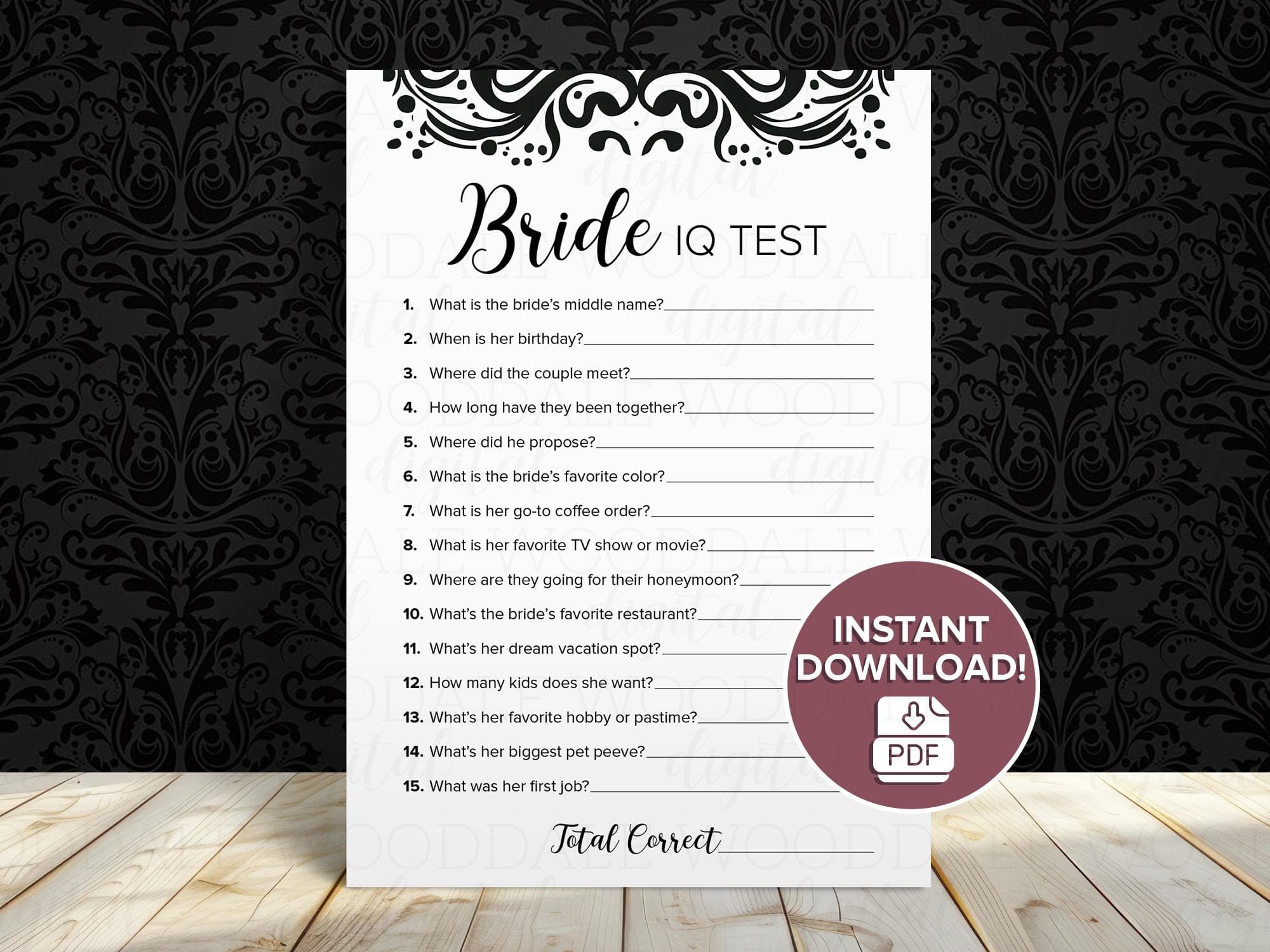 Bridal Shower Game Printable – Bride IQ Test, Damask Design (PDF Download)