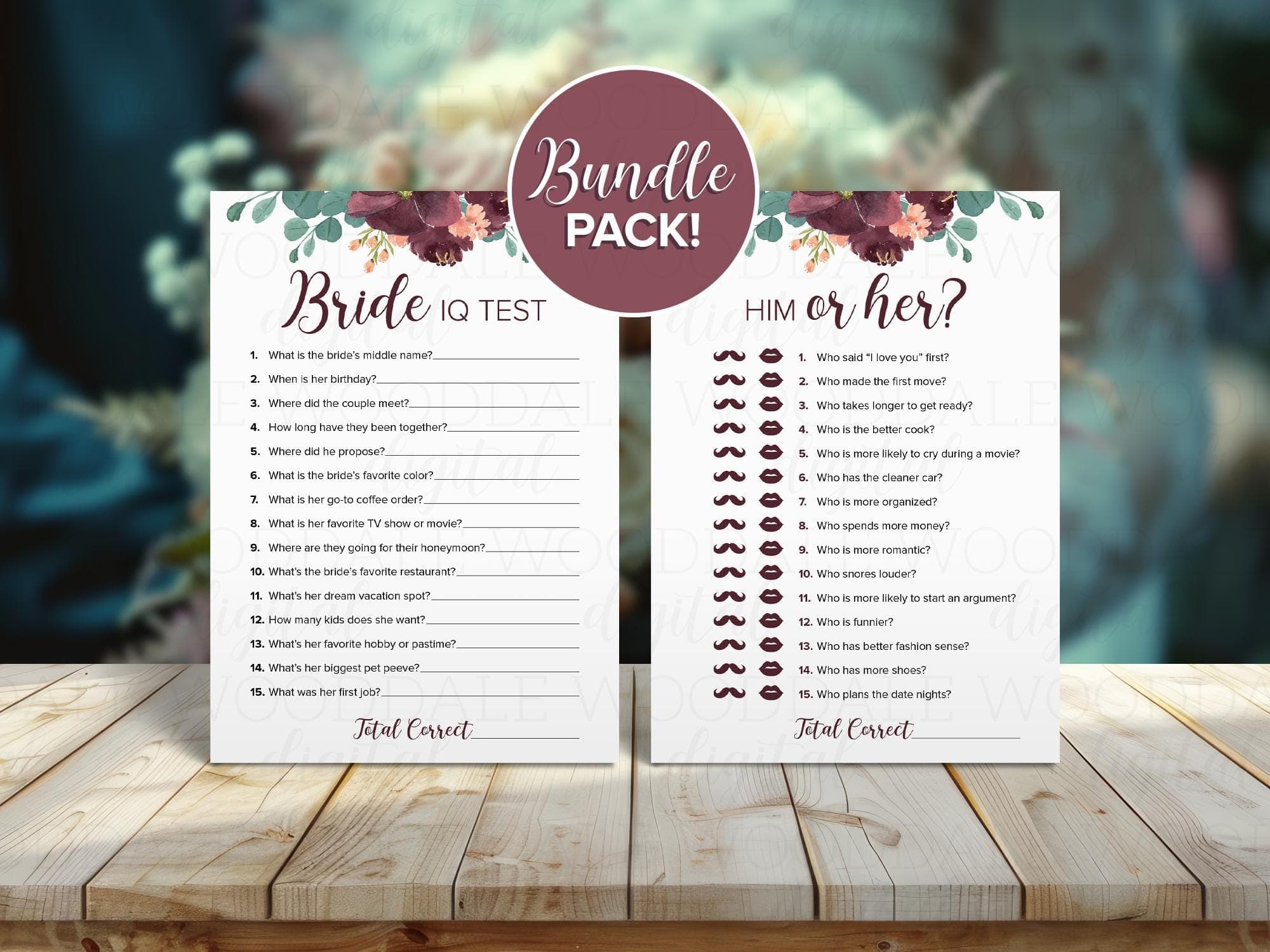 Bridal Shower Games Printable – Bride IQ & Him or Her, Vintage Bouquet (PDF Download)